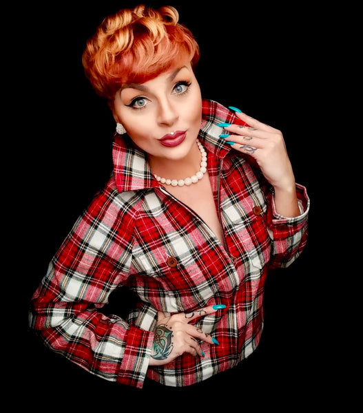 The "Bobby Jacket" in Woven Red & Green Tartan Check in Lightweight Wool, Classic Rockabilly Style - True and authentic vintage style clothing, inspired by the Classic styles of CC41 , WW2 and the fun 1950s RocknRoll era, for everyday wear plus events like Goodwood Revival, Twinwood Festival and Viva Las Vegas Rockabilly Weekend Rock n Romance Rock n Romance