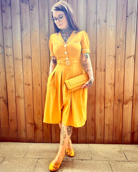 The "Kitty" Shirtwaister Dress in Mustard with Contrast Ric-Rac, True Late 40s Early 1950s Vintage Style - True and authentic vintage style clothing, inspired by the Classic styles of CC41 , WW2 and the fun 1950s RocknRoll era, for everyday wear plus events like Goodwood Revival, Twinwood Festival and Viva Las Vegas Rockabilly Weekend Rock n Romance Rock n Romance