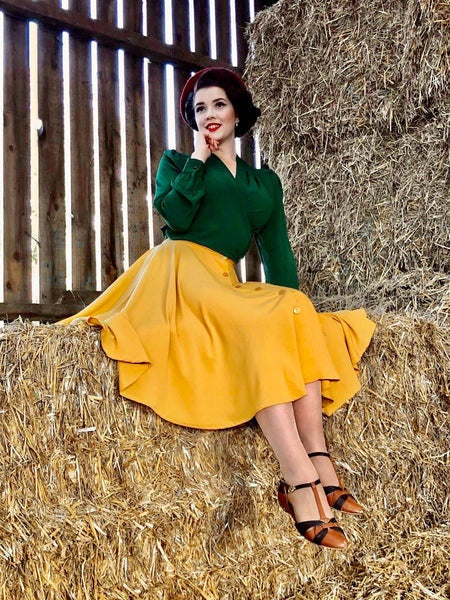 The "Beverly" Button Front Full Circle Skirt with Pockets in Solid Mustard, True 1950s Vintage Style - True and authentic vintage style clothing, inspired by the Classic styles of CC41 , WW2 and the fun 1950s RocknRoll era, for everyday wear plus events like Goodwood Revival, Twinwood Festival and Viva Las Vegas Rockabilly Weekend Rock n Romance Rock n Romance
