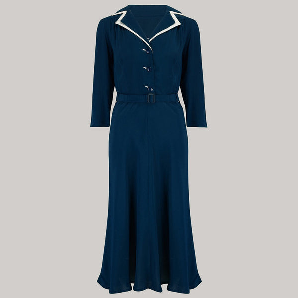 Long sleeve Lisa - Mae Dress in Navy with contrast under collar, Authentic 1940s Vintage Style at its Best - CC41, Goodwood Revival, Twinwood Festival, Viva Las Vegas Rockabilly Weekend Rock n Romance The Seamstress Of Bloomsbury