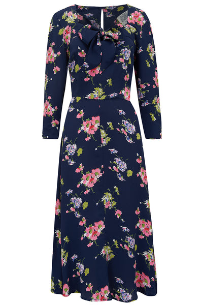 Joyce 1940s Day Dress in Navy Mayflower Print , Authentic true vintage style - True and authentic vintage style clothing, inspired by the Classic styles of CC41 , WW2 and the fun 1950s RocknRoll era, for everyday wear plus events like Goodwood Revival, Twinwood Festival and Viva Las Vegas Rockabilly Weekend Rock n Romance The Seamstress Of Bloomsbury