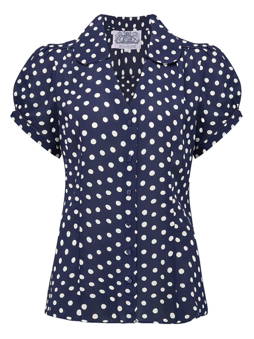 "Judy" Blouse in Navy Blue with Polka Spot, Authentic & Classic 1940s Vintage Style - True and authentic vintage style clothing, inspired by the Classic styles of CC41 , WW2 and the fun 1950s RocknRoll era, for everyday wear plus events like Goodwood Revival, Twinwood Festival and Viva Las Vegas Rockabilly Weekend Rock n Romance The Seamstress Of Bloomsbury