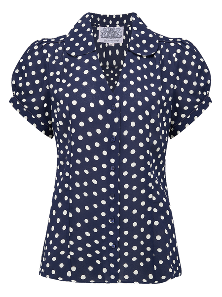 "Judy" Blouse in Navy Blue with Polka Spot, Authentic & Classic 1940s Vintage Style - True and authentic vintage style clothing, inspired by the Classic styles of CC41 , WW2 and the fun 1950s RocknRoll era, for everyday wear plus events like Goodwood Revival, Twinwood Festival and Viva Las Vegas Rockabilly Weekend Rock n Romance The Seamstress Of Bloomsbury