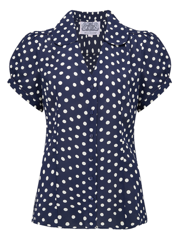 "Judy" Blouse in Navy Blue with Polka Spot, Authentic & Classic 1940s Vintage Style - CC41, Goodwood Revival, Twinwood Festival, Viva Las Vegas Rockabilly Weekend Rock n Romance The Seamstress Of Bloomsbury
