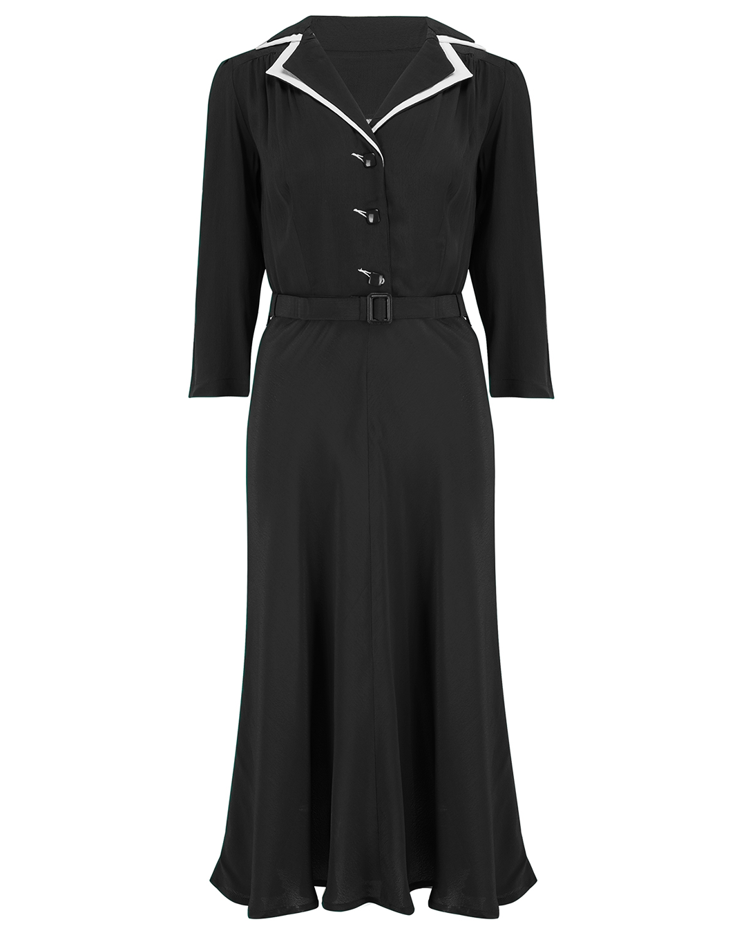 Long sleeve Lisa - Mae Dress in Black with contrast under collar, Authentic 1940s Vintage Style at its Best - True and authentic vintage style clothing, inspired by the Classic styles of CC41 , WW2 and the fun 1950s RocknRoll era, for everyday wear plus events like Goodwood Revival, Twinwood Festival and Viva Las Vegas Rockabilly Weekend Rock n Romance The Seamstress Of Bloomsbury