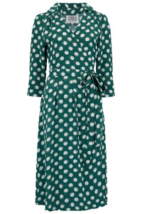 "Loretta" Wrap Tea Dress in Green Moonshine Spot Print, Classic 1940s Vintage Style - True and authentic vintage style clothing, inspired by the Classic styles of CC41 , WW2 and the fun 1950s RocknRoll era, for everyday wear plus events like Goodwood Revival, Twinwood Festival and Viva Las Vegas Rockabilly Weekend Rock n Romance The Seamstress Of Bloomsbury