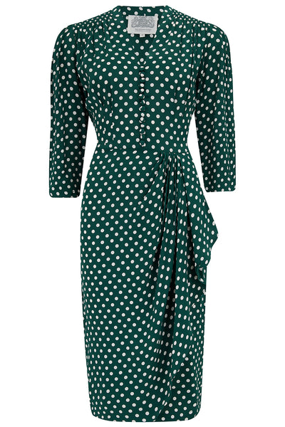 "Mabel" 3/4 Sleeve Dress in Green Polka , A Classic 1940s True Vintage Inspired Style - True and authentic vintage style clothing, inspired by the Classic styles of CC41 , WW2 and the fun 1950s RocknRoll era, for everyday wear plus events like Goodwood Revival, Twinwood Festival and Viva Las Vegas Rockabilly Weekend Rock n Romance The Seamstress of Bloomsbury