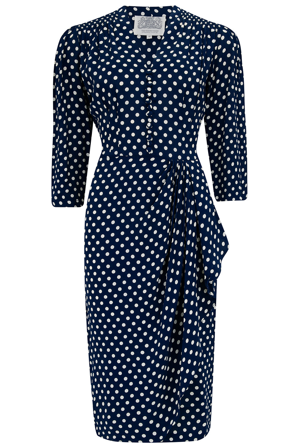"Mabel" 3/4 Sleeve Dress in Navy Polka , A Classic 1940s Inspired Vintage Style - True and authentic vintage style clothing, inspired by the Classic styles of CC41 , WW2 and the fun 1950s RocknRoll era, for everyday wear plus events like Goodwood Revival, Twinwood Festival and Viva Las Vegas Rockabilly Weekend Rock n Romance The Seamstress of Bloomsbury