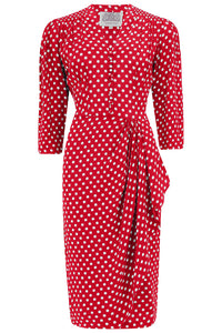 "Mabel" 3/4 Sleeve Dress in Red Polka , A Classic 1940s Inspired Vintage Style - True and authentic vintage style clothing, inspired by the Classic styles of CC41 , WW2 and the fun 1950s RocknRoll era, for everyday wear plus events like Goodwood Revival, Twinwood Festival and Viva Las Vegas Rockabilly Weekend Rock n Romance The Seamstress of Bloomsbury