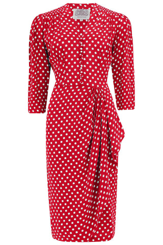 "Mabel" 3/4 Sleeve Dress in Red Polka , A Classic 1940s Inspired Vintage Style - CC41, Goodwood Revival, Twinwood Festival, Viva Las Vegas Rockabilly Weekend Rock n Romance The Seamstress of Bloomsbury