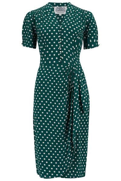 "Mabel" Dress in Green Polka , A Classic 1940s True Vintage Inspired Style - True and authentic vintage style clothing, inspired by the Classic styles of CC41 , WW2 and the fun 1950s RocknRoll era, for everyday wear plus events like Goodwood Revival, Twinwood Festival and Viva Las Vegas Rockabilly Weekend Rock n Romance The Seamstress of Bloomsbury
