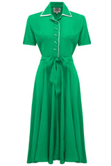 "Mae" Tea Dress in Apple Green with Cream Contrasts, Classic 1940s Vintage Style