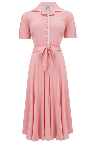 "Mae" Tea Dress in Pink Blossom with Cream Contrasts, Classic 1940s Vintage Style - True and authentic vintage style clothing, inspired by the Classic styles of CC41 , WW2 and the fun 1950s RocknRoll era, for everyday wear plus events like Goodwood Revival, Twinwood Festival and Viva Las Vegas Rockabilly Weekend Rock n Romance The Seamstress Of Bloomsbury
