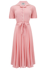 "Mae" Tea Dress in Pink Blossom with Cream Contrasts, Classic 1940s Vintage Style