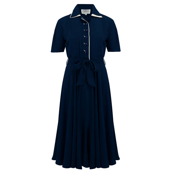 "Mae" Tea Dress in Navy with Cream Contrasts, Classic 1940s Vintage Style - True and authentic vintage style clothing, inspired by the Classic styles of CC41 , WW2 and the fun 1950s RocknRoll era, for everyday wear plus events like Goodwood Revival, Twinwood Festival and Viva Las Vegas Rockabilly Weekend Rock n Romance The Seamstress of Bloomsbury