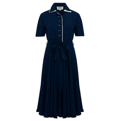 "Mae" Tea Dress in Navy with Cream Contrasts, Classic 1940s Vintage Style