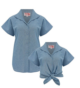 Tuck in or Tie Up "Maria" Blouse in Lightweight Blue Denim, Cotton Chambray, Authentic 1950s - True and authentic vintage style clothing, inspired by the Classic styles of CC41 , WW2 and the fun 1950s RocknRoll era, for everyday wear plus events like Goodwood Revival, Twinwood Festival and Viva Las Vegas Rockabilly Weekend Rock n Romance Rock n Romance