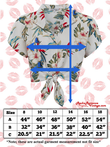 Tuck in or Tie Up "Maria" Blouse in Natural Honolulu Print, Authentic 1950s - True and authentic vintage style clothing, inspired by the Classic styles of CC41 , WW2 and the fun 1950s RocknRoll era, for everyday wear plus events like Goodwood Revival, Twinwood Festival and Viva Las Vegas Rockabilly Weekend Rock n Romance Rock n Romance