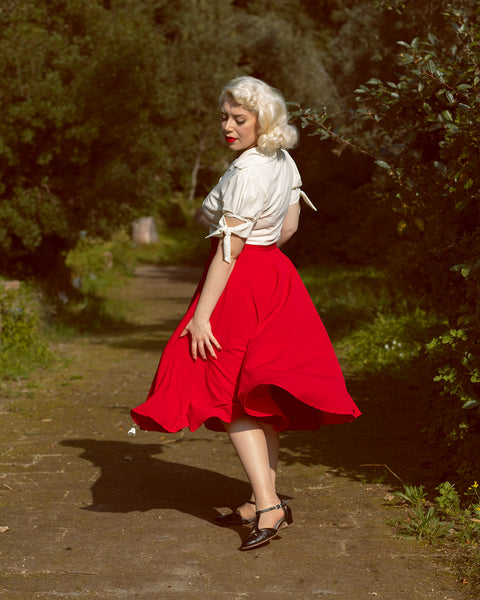The "Beverly" Button Front Full Circle Skirt with Pockets in Solid Red, True & Authentic 1950s Vintage Style