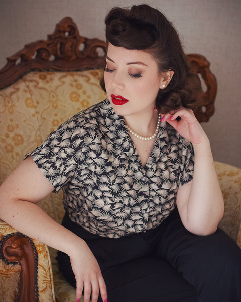 Tuck in or Tie Up "Maria" Blouse in Black Whisp Print, Authentic 1950s