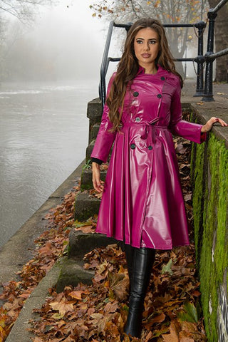 **UK Hand Made To Order** Authentic 1950s Style "Double Breasted & Skirted Rain Mac In Maroon Pearl" by Elements Rainwear - True and authentic vintage style clothing, inspired by the Classic styles of CC41 , WW2 and the fun 1950s RocknRoll era, for everyday wear plus events like Goodwood Revival, Twinwood Festival and Viva Las Vegas Rockabilly Weekend Rock n Romance Elements Rain Wear