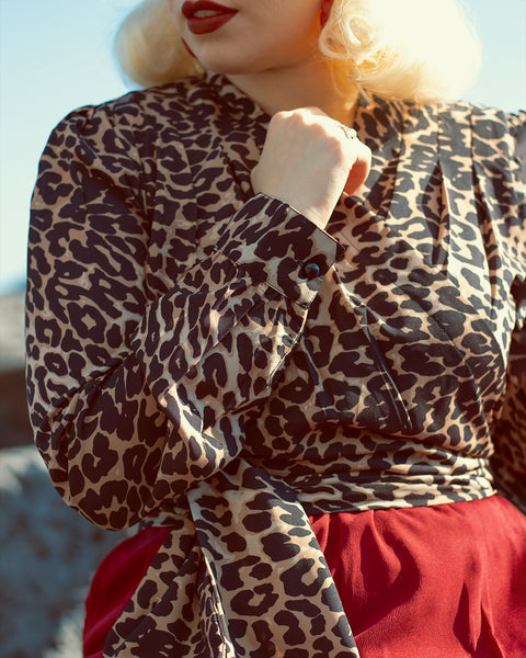 The "Darla" Long Sleeve Wrap Blouse in Leopard Print, True Vintage Style