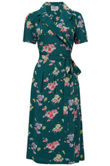 "Peggy Wrap Dress Green Mayflower Print , Classic 1940s True Vintage Style