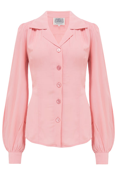 Poppy Long Sleeve Blouse in Pink Blossom, Authentic & Classic 1940s Vintage Style - True and authentic vintage style clothing, inspired by the Classic styles of CC41 , WW2 and the fun 1950s RocknRoll era, for everyday wear plus events like Goodwood Revival, Twinwood Festival and Viva Las Vegas Rockabilly Weekend Rock n Romance The Seamstress Of Bloomsbury