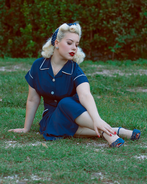 The "Lucille" 2pc Sweetheart Dress & Bolero Set In Navy & Ivory Contrast, True Late 1940s - Early 50s Vintage Style - True and authentic vintage style clothing, inspired by the Classic styles of CC41 , WW2 and the fun 1950s RocknRoll era, for everyday wear plus events like Goodwood Revival, Twinwood Festival and Viva Las Vegas Rockabilly Weekend Rock n Romance Rock n Romance