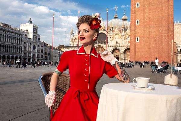 "Mae" Tea Dress in Red with Cream Contrasts, Classic 1940s Vintage Style - CC41, Goodwood Revival, Twinwood Festival, Viva Las Vegas Rockabilly Weekend Rock n Romance The Seamstress Of Bloomsbury