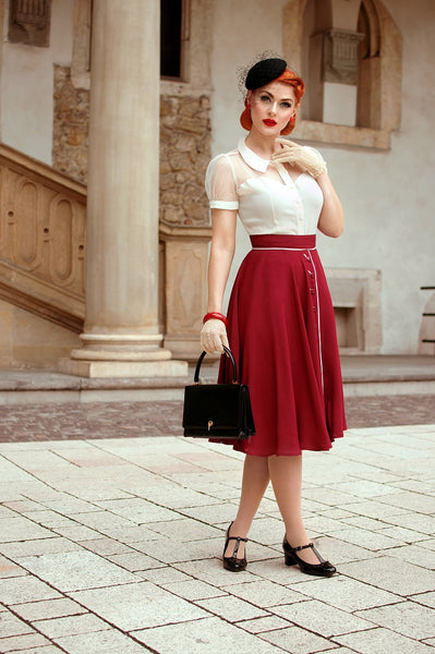 1940s Style "Rita" Swing Skirt in Wine with Ivory Detailing, Classic 1940s Style - True and authentic vintage style clothing, inspired by the Classic styles of CC41 , WW2 and the fun 1950s RocknRoll era, for everyday wear plus events like Goodwood Revival, Twinwood Festival and Viva Las Vegas Rockabilly Weekend Rock n Romance The Seamstress Of Bloomsbury
