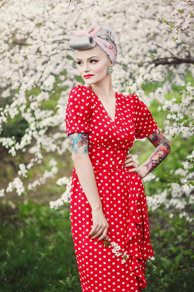"Lilian" Dress in Red with Polka Dot Spot, Classic & Authentic 1940s Vintage Style - CC41, Goodwood Revival, Twinwood Festival, Viva Las Vegas Rockabilly Weekend Rock n Romance The Seamstress Of Bloomsbury