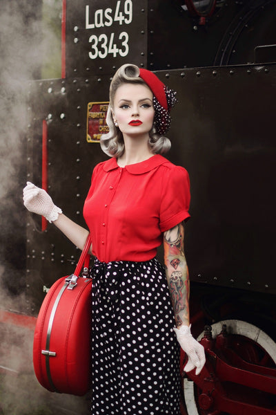 "Jive" Short Sleeve Blouse in Red, Classic 1940s Vintage Inspired Style - True and authentic vintage style clothing, inspired by the Classic styles of CC41 , WW2 and the fun 1950s RocknRoll era, for everyday wear plus events like Goodwood Revival, Twinwood Festival and Viva Las Vegas Rockabilly Weekend Rock n Romance The Seamstress Of Bloomsbury