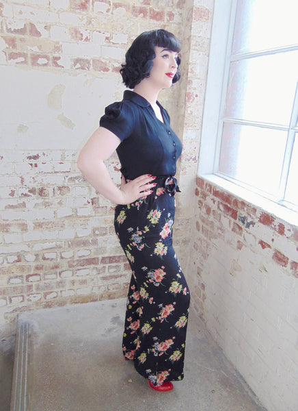 "Winnie" Wide Leg Loose Fit Trousers in Mayflower Print, Classic 1940s Vintage Style - True and authentic vintage style clothing, inspired by the Classic styles of CC41 , WW2 and the fun 1950s RocknRoll era, for everyday wear plus events like Goodwood Revival, Twinwood Festival and Viva Las Vegas Rockabilly Weekend Rock n Romance The Seamstress Of Bloomsbury