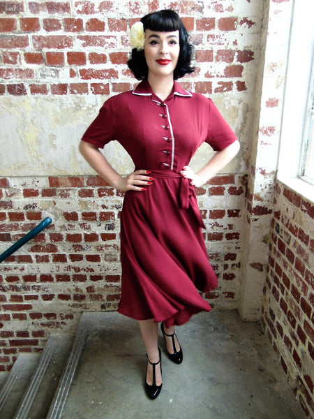 "Mae" Tea Dress in Wine with Cream Contrasts, Classic 1940s True Vintage Style - True and authentic vintage style clothing, inspired by the Classic styles of CC41 , WW2 and the fun 1950s RocknRoll era, for everyday wear plus events like Goodwood Revival, Twinwood Festival and Viva Las Vegas Rockabilly Weekend Rock n Romance The Seamstress of Bloomsbury