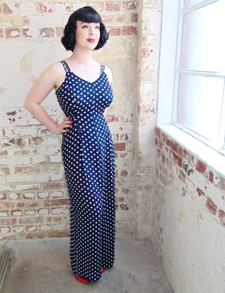 "Charlotte" Jump Suit in Navy with Polka Dot Print, Classic 1940s Vintage Inspired - True and authentic vintage style clothing, inspired by the Classic styles of CC41 , WW2 and the fun 1950s RocknRoll era, for everyday wear plus events like Goodwood Revival, Twinwood Festival and Viva Las Vegas Rockabilly Weekend Rock n Romance The Seamstress Of Bloomsbury