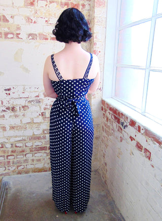 "Charlotte" Jump Suit in Navy with Polka Dot Print, Classic 1940s Vintage Inspired - True and authentic vintage style clothing, inspired by the Classic styles of CC41 , WW2 and the fun 1950s RocknRoll era, for everyday wear plus events like Goodwood Revival, Twinwood Festival and Viva Las Vegas Rockabilly Weekend Rock n Romance The Seamstress Of Bloomsbury