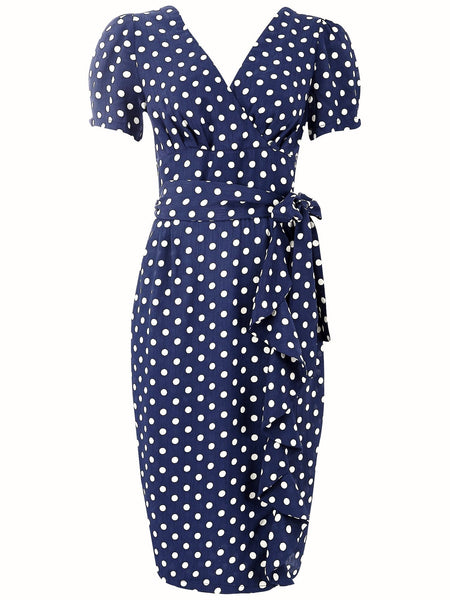 "Lilian" Dress in Navy with Polka Dot Spot, Classic & Authentic 1940s Vintage Style - True and authentic vintage style clothing, inspired by the Classic styles of CC41 , WW2 and the fun 1950s RocknRoll era, for everyday wear plus events like Goodwood Revival, Twinwood Festival and Viva Las Vegas Rockabilly Weekend Rock n Romance The Seamstress Of Bloomsbury