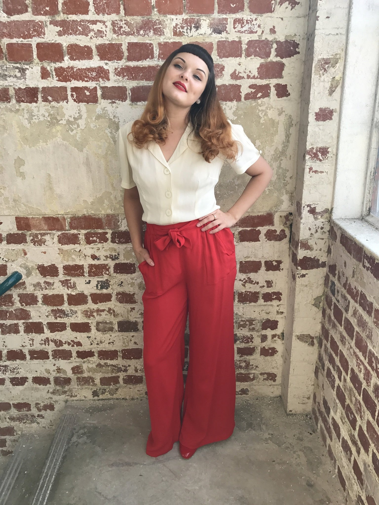 "Winnie" Wide Leg Loose Fit Trousers in 40's Red, Classic 1940s Vintage Inspired Style - True and authentic vintage style clothing, inspired by the Classic styles of CC41 , WW2 and the fun 1950s RocknRoll era, for everyday wear plus events like Goodwood Revival, Twinwood Festival and Viva Las Vegas Rockabilly Weekend Rock n Romance The Seamstress Of Bloomsbury