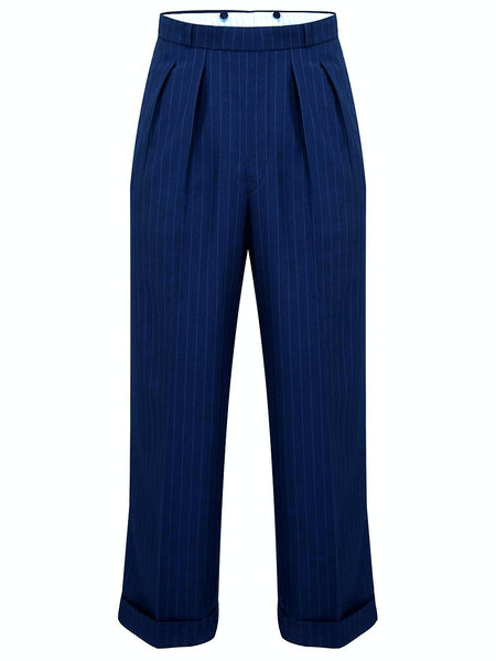 Navy Blue with Pinstripe Oxford Bags, Mens 1940s Inspired Trousers - CC41, Goodwood Revival, Twinwood Festival, Viva Las Vegas Rockabilly Weekend Rock n Romance The Seamstress Of Bloomsbury