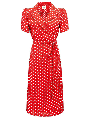 "Peggy" Wrap Dress in Red with Polka Dot Spot, Classic Vintage Inspired 1940s Style - CC41, Goodwood Revival, Twinwood Festival, Viva Las Vegas Rockabilly Weekend Rock n Romance The Seamstress of Bloomsbury