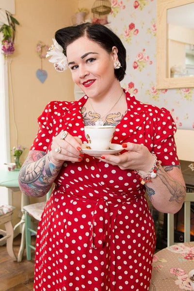 "Peggy" Wrap Dress in Red with Polka Dot Spot, Classic Vintage Inspired 1940s Style - CC41, Goodwood Revival, Twinwood Festival, Viva Las Vegas Rockabilly Weekend Rock n Romance The Seamstress of Bloomsbury