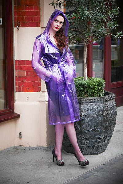 1950s Style Inspired "Modern Girl Rain Mac" in Purple Transparent by Elements Rainwear - True and authentic vintage style clothing, inspired by the Classic styles of CC41 , WW2 and the fun 1950s RocknRoll era, for everyday wear plus events like Goodwood Revival, Twinwood Festival and Viva Las Vegas Rockabilly Weekend Rock n Romance Elements Rain Wear
