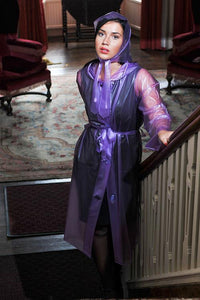 Authentic 1940s & 50s Style "Vintage Rain Mac & Headscarf/Bonnet" in Lilac Semi Trasparent by Elements Rainwear - True and authentic vintage style clothing, inspired by the Classic styles of CC41 , WW2 and the fun 1950s RocknRoll era, for everyday wear plus events like Goodwood Revival, Twinwood Festival and Viva Las Vegas Rockabilly Weekend Rock n Romance Elements Rain Wear