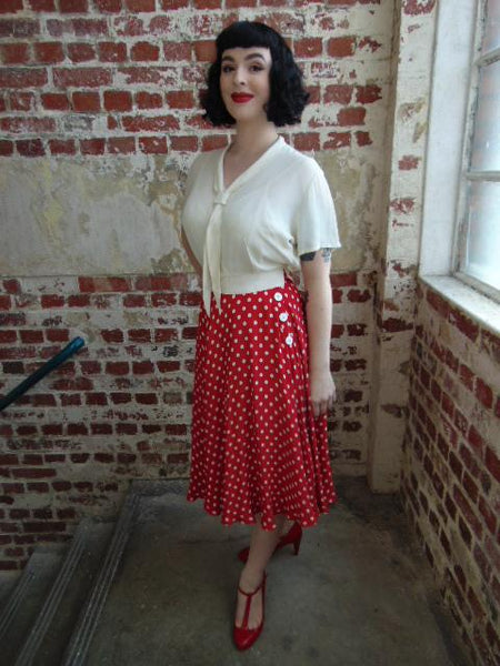 The 1940s Vintage Inspired "Isabelle" Skirt in Red Polka Spot by The Seamstress of Bloomsbury - True and authentic vintage style clothing, inspired by the Classic styles of CC41 , WW2 and the fun 1950s RocknRoll era, for everyday wear plus events like Goodwood Revival, Twinwood Festival and Viva Las Vegas Rockabilly Weekend Rock n Romance The Seamstress Of Bloomsbury