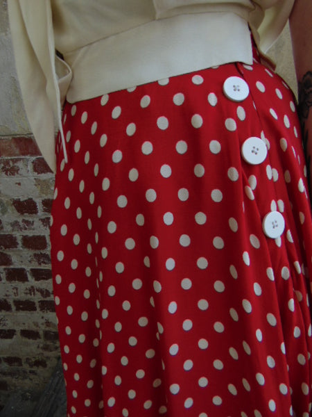 The 1940s Vintage Inspired "Isabelle" Skirt in Red Polka Spot by The Seamstress of Bloomsbury - True and authentic vintage style clothing, inspired by the Classic styles of CC41 , WW2 and the fun 1950s RocknRoll era, for everyday wear plus events like Goodwood Revival, Twinwood Festival and Viva Las Vegas Rockabilly Weekend Rock n Romance The Seamstress Of Bloomsbury