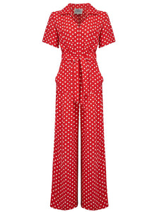 "Lauren" Siren Suit in Red with Polka Spots, Classic 1940s Vintage Holywood Style Inspired - True and authentic vintage style clothing, inspired by the Classic styles of CC41 , WW2 and the fun 1950s RocknRoll era, for everyday wear plus events like Goodwood Revival, Twinwood Festival and Viva Las Vegas Rockabilly Weekend Rock n Romance The Seamstress Of Bloomsbury