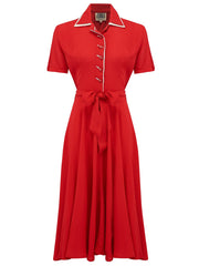 "Mae" Tea Dress in Red with Cream Contrasts, Classic 1940s Vintage Style