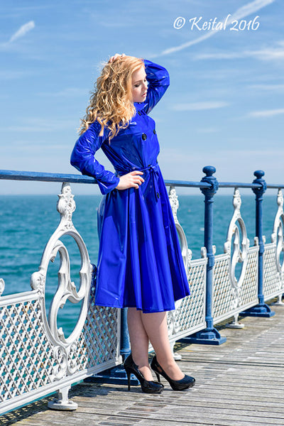 **UK Hand Made To Order** Authentic 1950s Style "Double Breasted & Skirted Rain Mac " in Blue Shiny by Elements Rainwear - True and authentic vintage style clothing, inspired by the Classic styles of CC41 , WW2 and the fun 1950s RocknRoll era, for everyday wear plus events like Goodwood Revival, Twinwood Festival and Viva Las Vegas Rockabilly Weekend Rock n Romance Elements Rain Wear