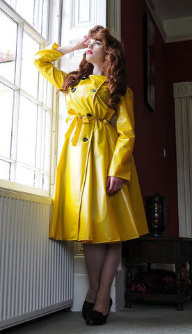 **UK Hand Made To Order** Authentic 1950s Style "Double Breasted & Skirted Rain Mac " in Mustard Yellow Matt by Elements Rainwear - Clothing and outfit Styles for Goodwood Revival and Viva Las Vegas Rockabilly Weekend